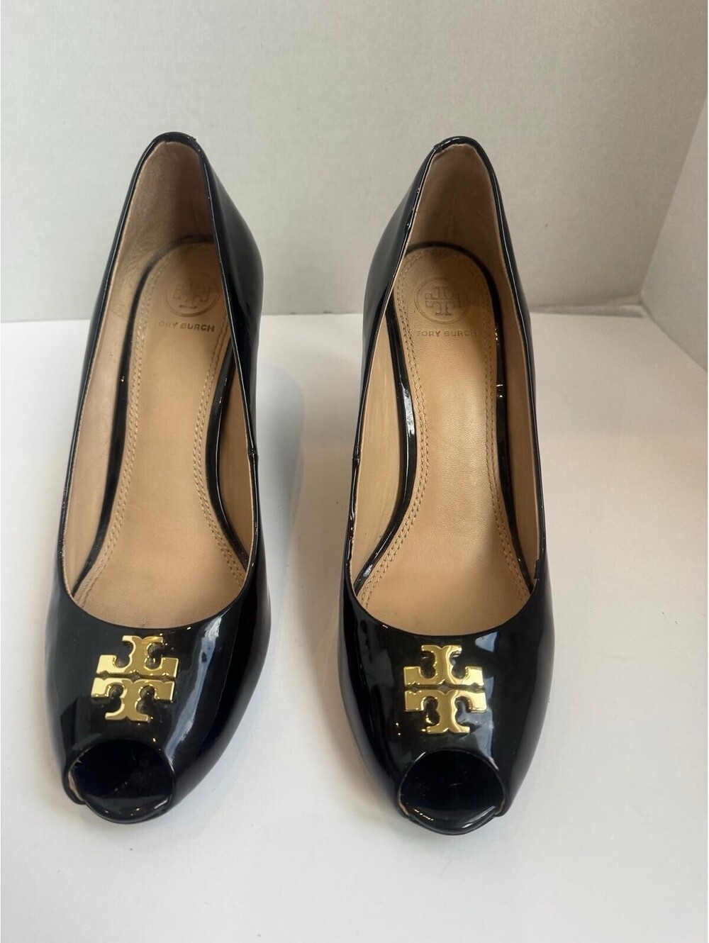 Tory Burch Jade Peep‑Toe Wedge Heels — Authentic — Black Patent Leather